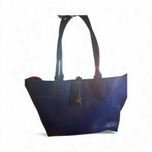 Tutilo NY Navy Pebbled Faux Leather Large Double Handle Tote Bag Red Interior